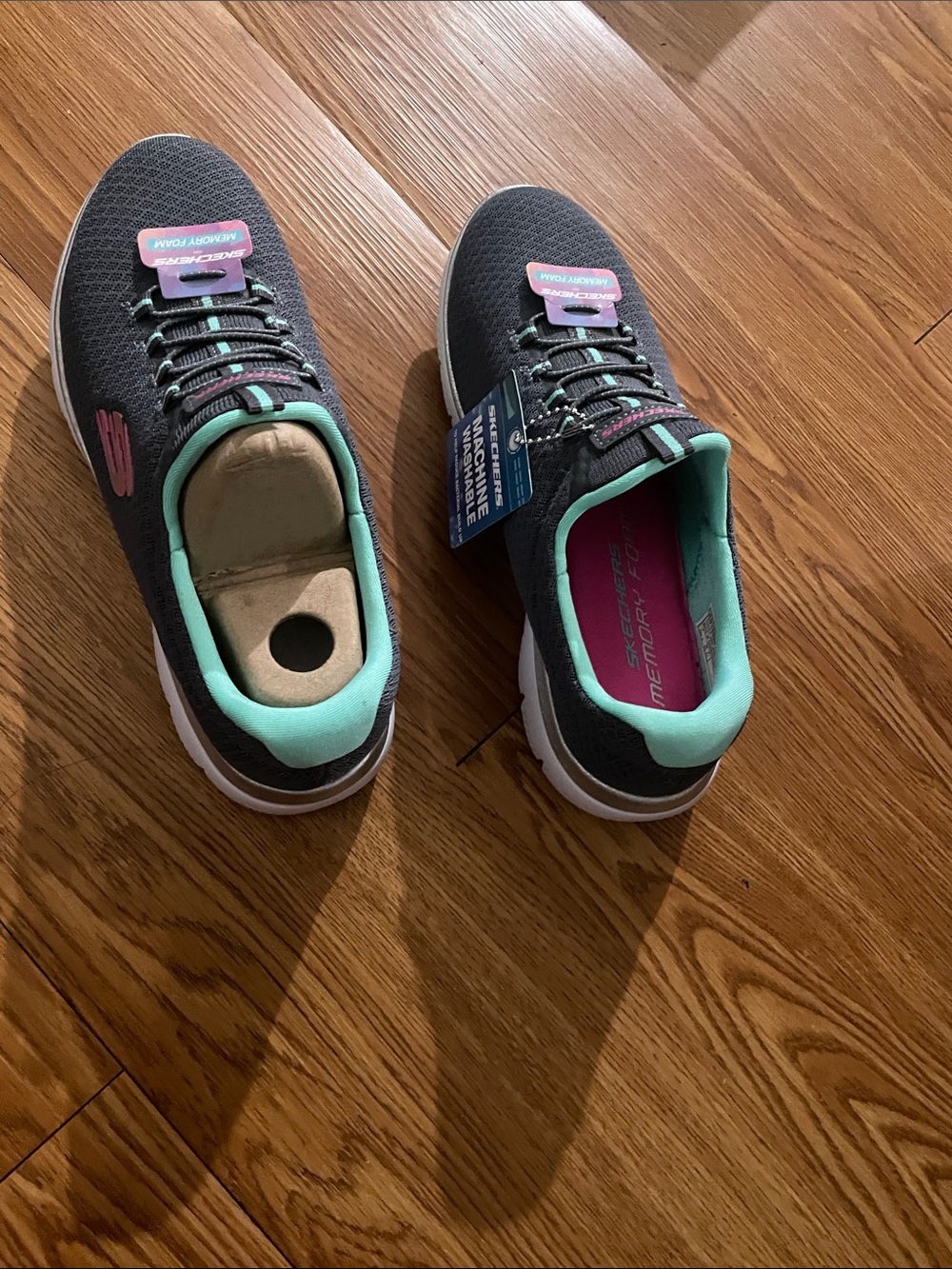 Skechers Women’s Charcoal Knit Sneakers with Mint and Pink Trim